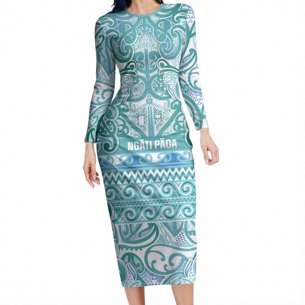 Aotearoa Iwi Ngati Paoa Long Sleeve Bodycon Dress Maori Wharenui House Tribal Pattern LT9 Long Dress Turquoise - Polynesian Pride