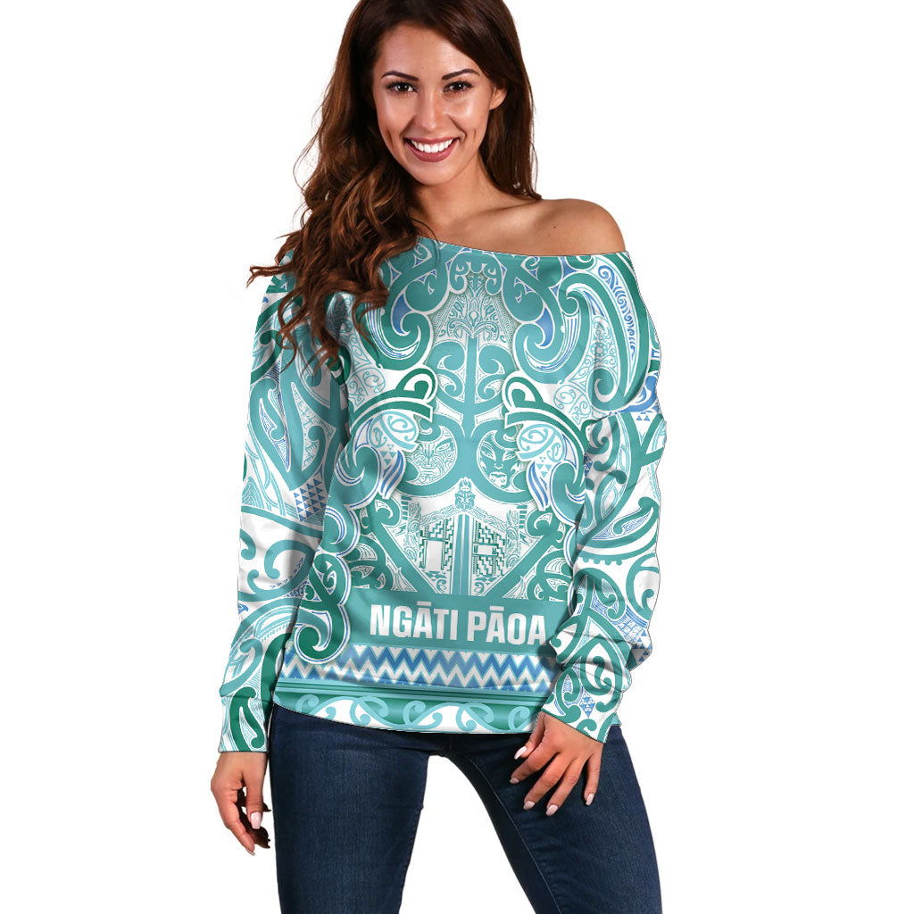 Aotearoa Iwi Ngati Paoa Off Shoulder Sweater Maori Wharenui House Tribal Pattern LT9 Women Turquoise - Polynesian Pride