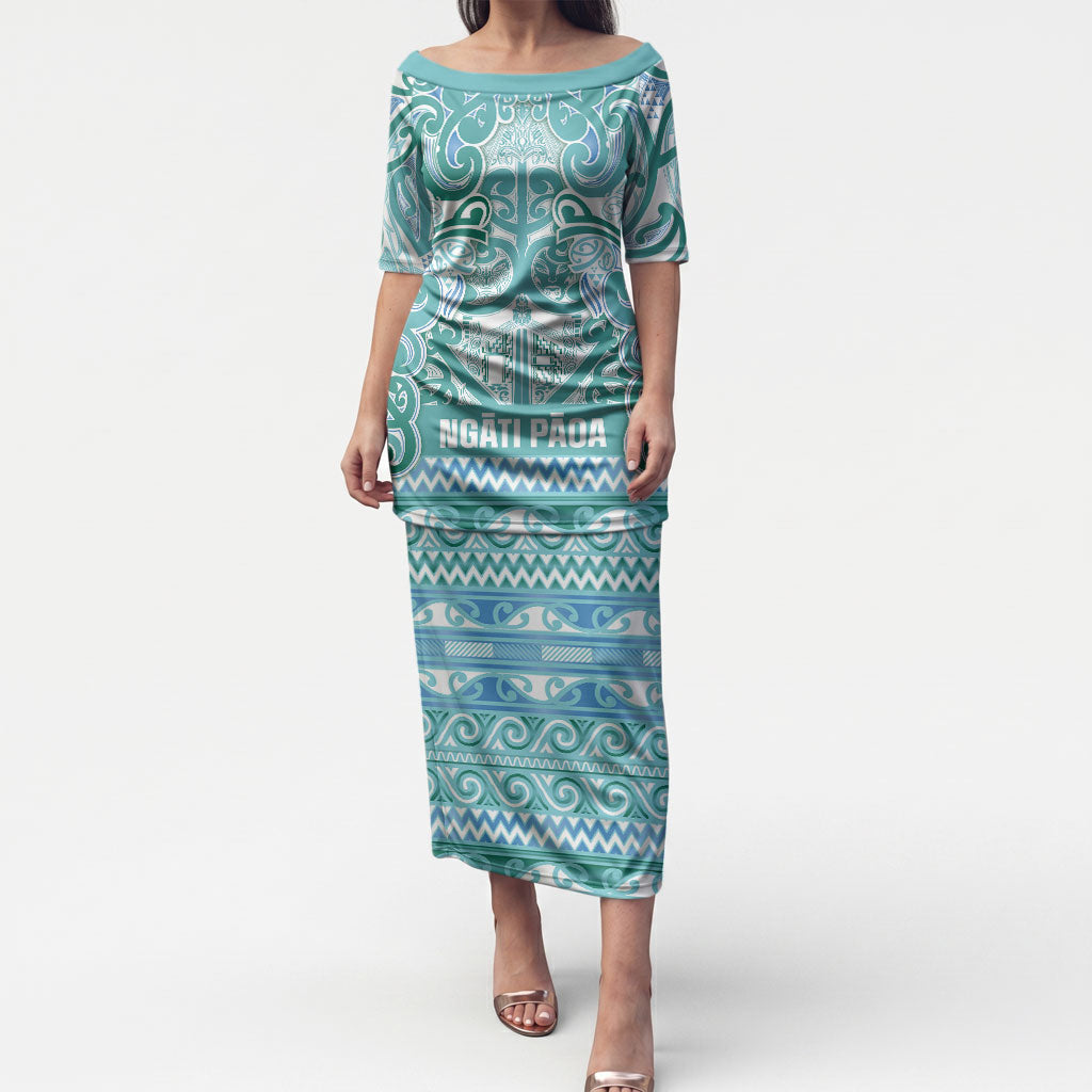 Aotearoa Iwi Ngati Paoa Puletasi Maori Wharenui House Tribal Pattern LT9 Long Dress Turquoise - Polynesian Pride