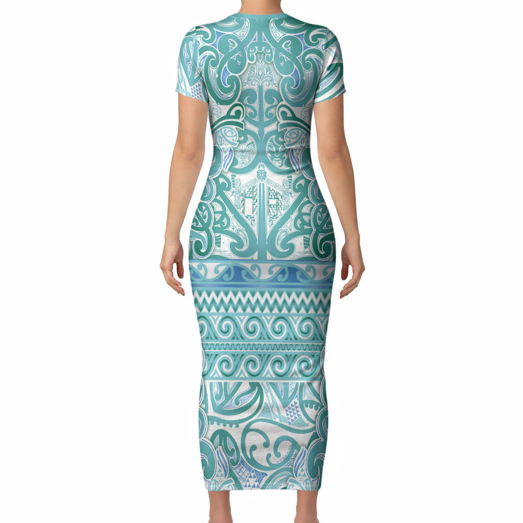 Aotearoa Iwi Ngati Paoa Short Sleeve Bodycon Dress Maori Wharenui House Tribal Pattern LT9 - Polynesian Pride
