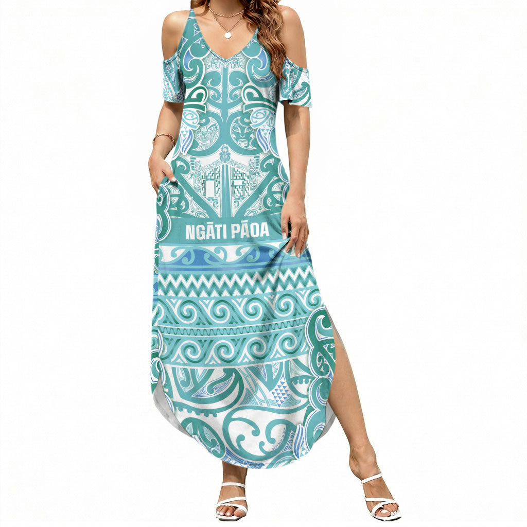 Aotearoa Iwi Ngati Paoa Summer Maxi Dress Maori Wharenui House Tribal Pattern LT9 Women Turquoise - Polynesian Pride