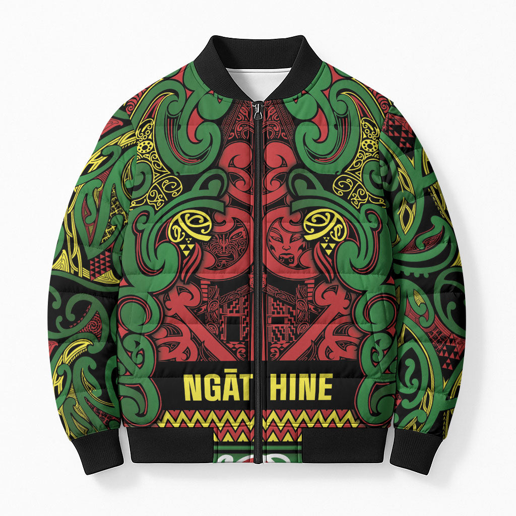 Aotearoa Iwi Ngati Hine Bomber Puffer Jacket Maori Wharenui House Tribal Pattern LT9 Unisex Deep Green - Polynesian Pride