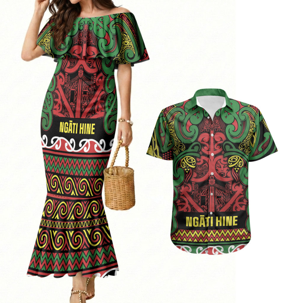 Aotearoa Iwi Ngati Hine Couples Matching Mermaid Dress and Hawaiian Shirt Maori Wharenui House Tribal Pattern LT9 Deep Green - Polynesian Pride