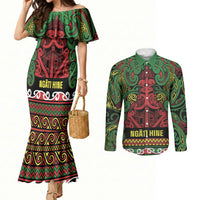 Aotearoa Iwi Ngati Hine Couples Matching Mermaid Dress and Long Sleeve Button Shirt Maori Wharenui House Tribal Pattern LT9 Deep Green - Polynesian Pride