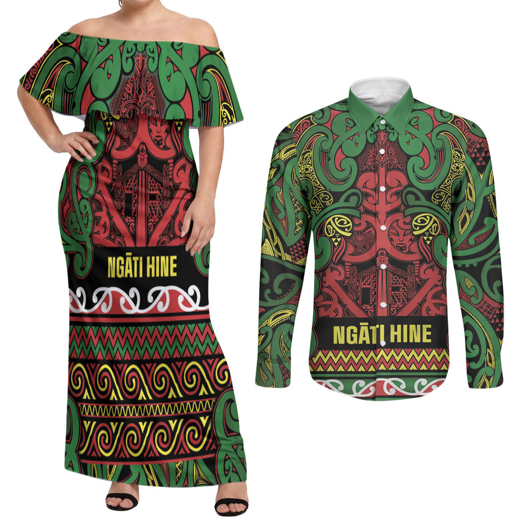 Aotearoa Iwi Ngati Hine Couples Matching Off Shoulder Maxi Dress and Long Sleeve Button Shirt Maori Wharenui House Tribal Pattern LT9 Deep Green - Polynesian Pride