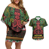 Aotearoa Iwi Ngati Hine Couples Matching Off Shoulder Short Dress and Hawaiian Shirt Maori Wharenui House Tribal Pattern LT9 Deep Green - Polynesian Pride