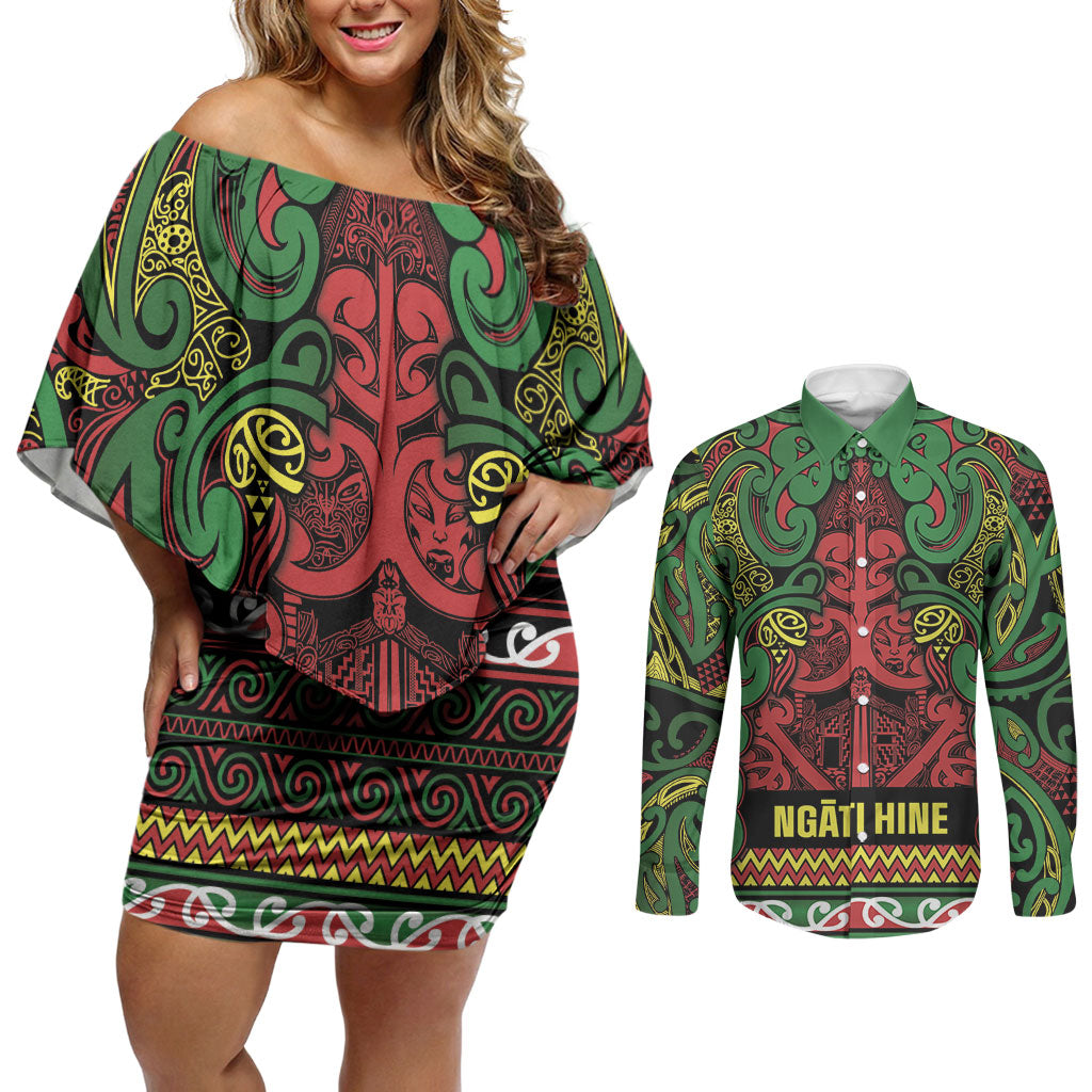Aotearoa Iwi Ngati Hine Couples Matching Off Shoulder Short Dress and Long Sleeve Button Shirt Maori Wharenui House Tribal Pattern LT9 Deep Green - Polynesian Pride