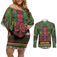 Aotearoa Iwi Ngati Hine Couples Matching Off Shoulder Short Dress and Long Sleeve Button Shirt Maori Wharenui House Tribal Pattern LT9 Deep Green - Polynesian Pride