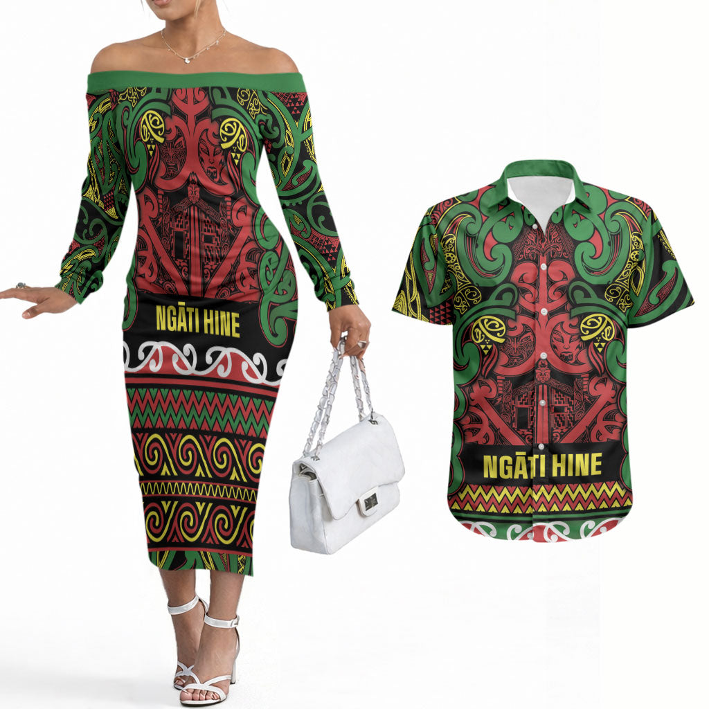 Aotearoa Iwi Ngati Hine Couples Matching Off The Shoulder Long Sleeve Dress and Hawaiian Shirt Maori Wharenui House Tribal Pattern LT9 Deep Green - Polynesian Pride