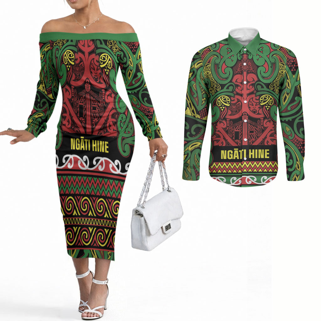 Aotearoa Iwi Ngati Hine Couples Matching Off The Shoulder Long Sleeve Dress and Long Sleeve Button Shirt Maori Wharenui House Tribal Pattern LT9 Deep Green - Polynesian Pride