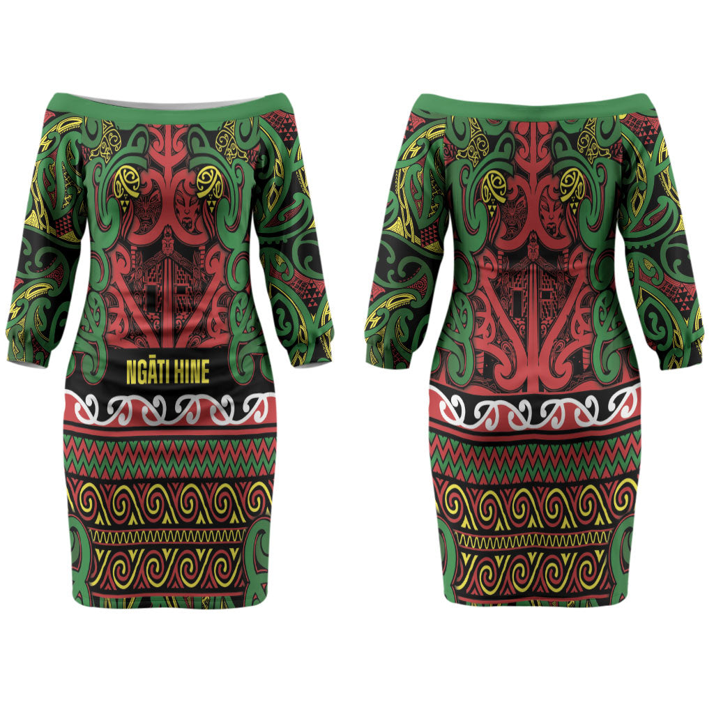 Aotearoa Iwi Ngati Hine Couples Matching Off The Shoulder Long Sleeve Dress and Long Sleeve Button Shirt Maori Wharenui House Tribal Pattern LT9 - Polynesian Pride