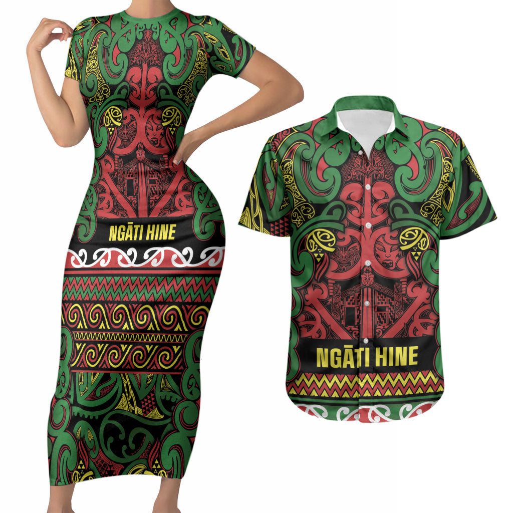 Aotearoa Iwi Ngati Hine Couples Matching Short Sleeve Bodycon Dress and Hawaiian Shirt Maori Wharenui House Tribal Pattern LT9 Deep Green - Polynesian Pride