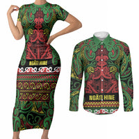 Aotearoa Iwi Ngati Hine Couples Matching Short Sleeve Bodycon Dress and Long Sleeve Button Shirt Maori Wharenui House Tribal Pattern LT9 Deep Green - Polynesian Pride