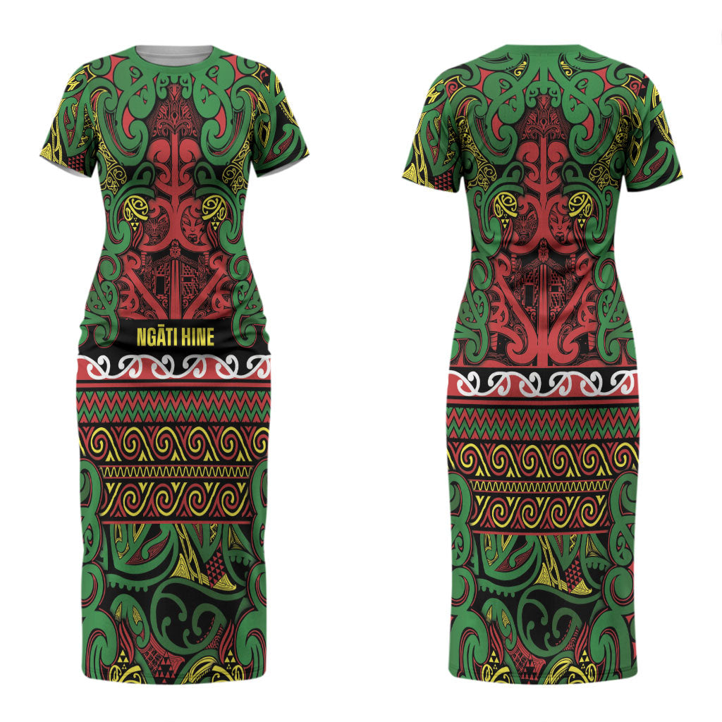 Aotearoa Iwi Ngati Hine Couples Matching Short Sleeve Bodycon Dress and Long Sleeve Button Shirt Maori Wharenui House Tribal Pattern LT9 - Polynesian Pride