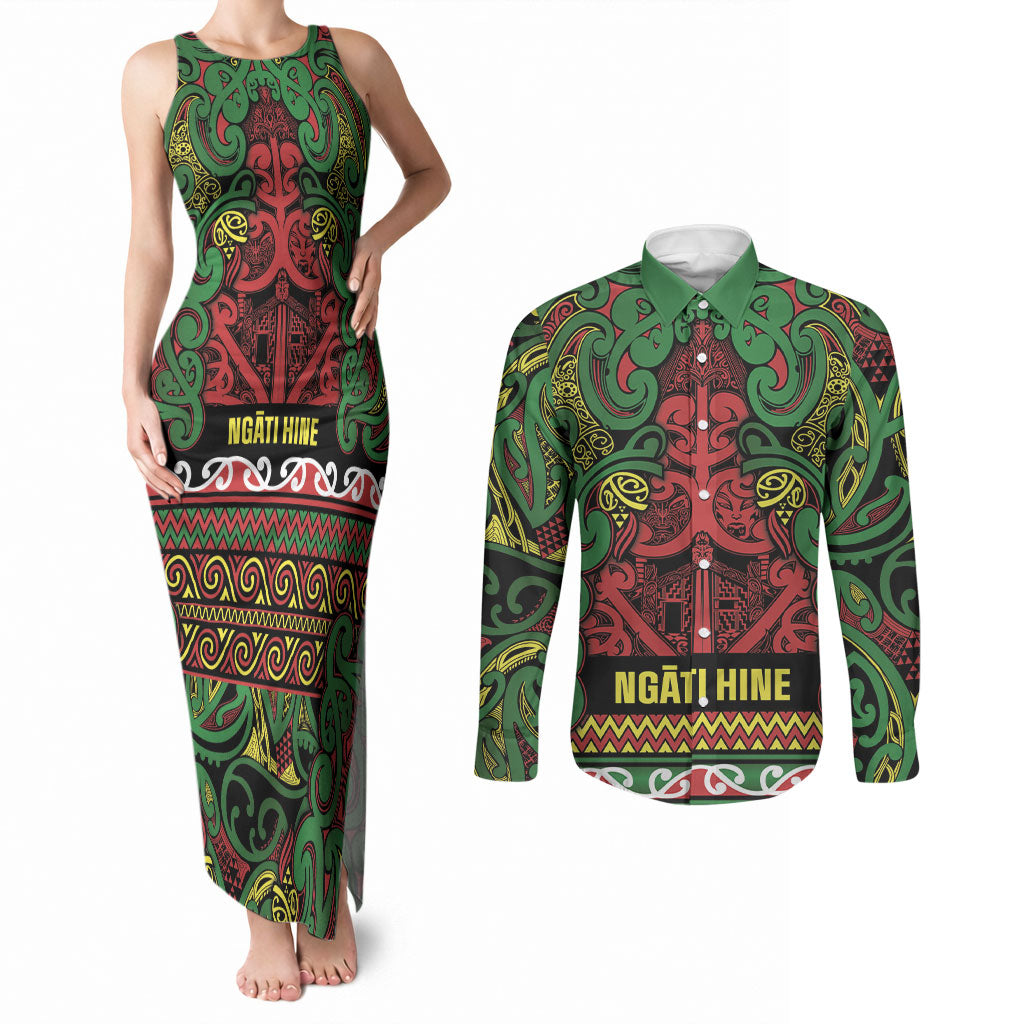 Aotearoa Iwi Ngati Hine Couples Matching Tank Maxi Dress and Long Sleeve Button Shirt Maori Wharenui House Tribal Pattern LT9 Deep Green - Polynesian Pride