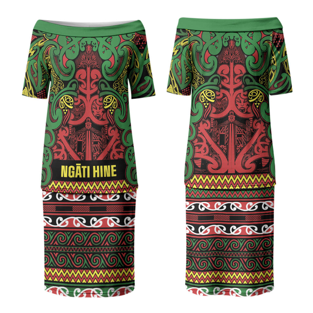 Aotearoa Iwi Ngati Hine Family Matching Puletasi and Hawaiian Shirt Maori Wharenui House Tribal Pattern LT9 Mom's Dress Deep Green - Polynesian Pride