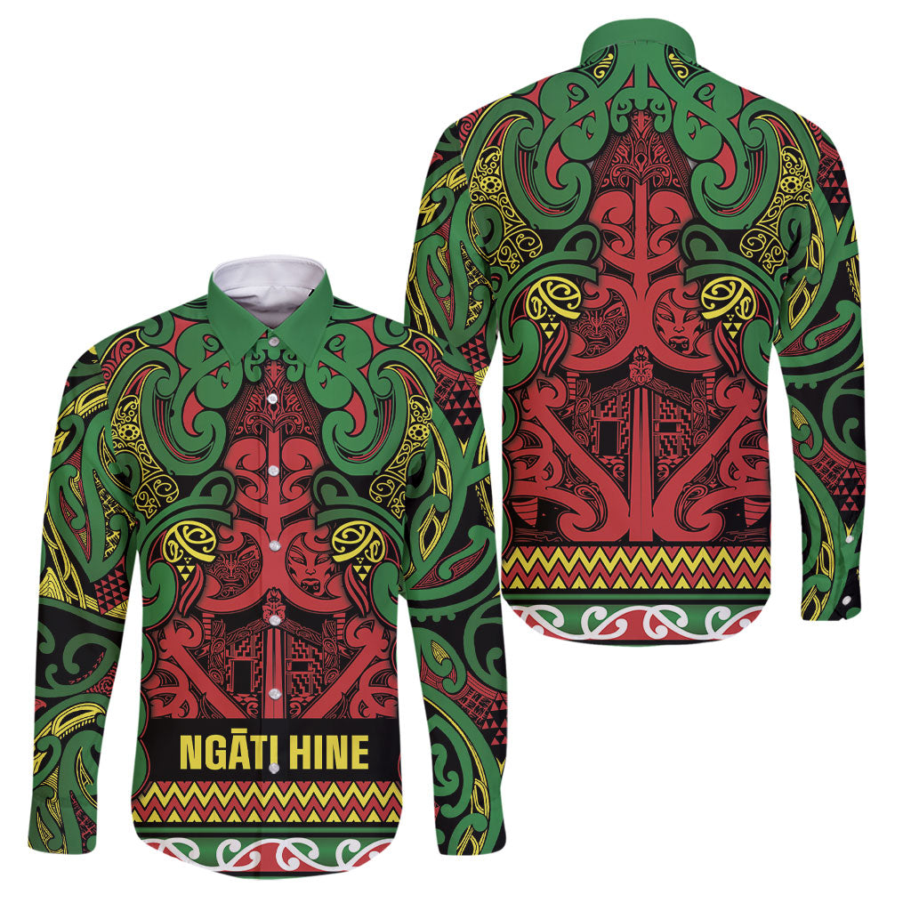 Aotearoa Iwi Ngati Hine Family Matching Puletasi and Hawaiian Shirt Maori Wharenui House Tribal Pattern LT9 Dad's Shirt - Long Sleeve Deep Green - Polynesian Pride