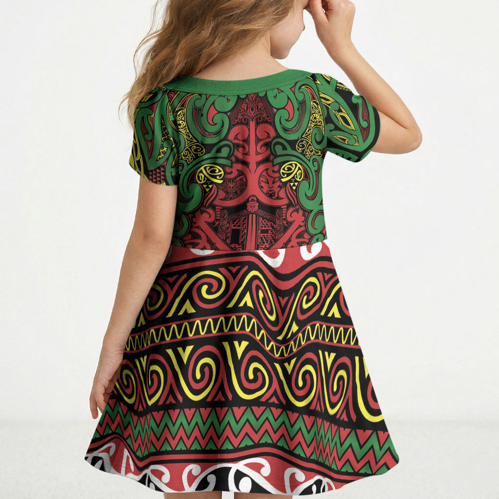 Aotearoa Iwi Ngati Hine Kid Short Sleeve Dress Maori Wharenui House Tribal Pattern LT9 - Polynesian Pride