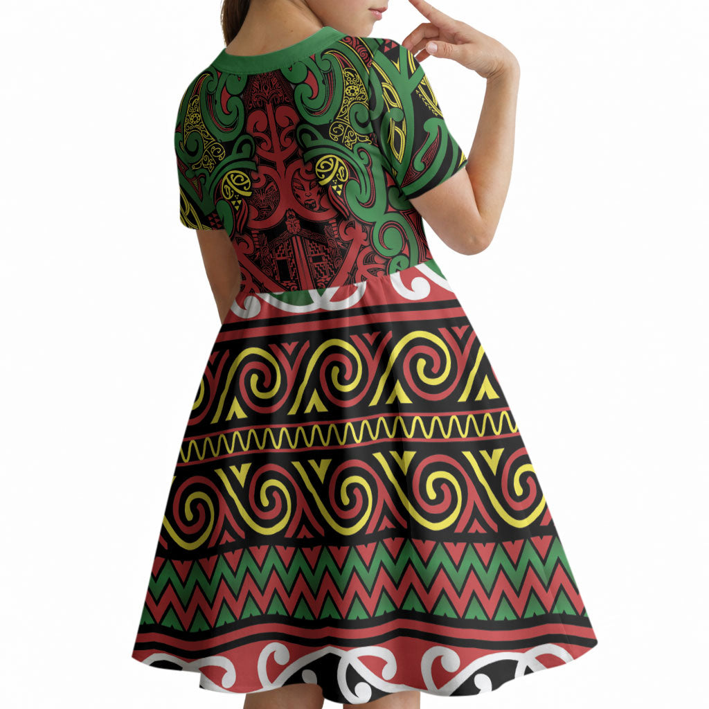 Aotearoa Iwi Ngati Hine Kid Short Sleeve Dress Maori Wharenui House Tribal Pattern LT9 - Polynesian Pride
