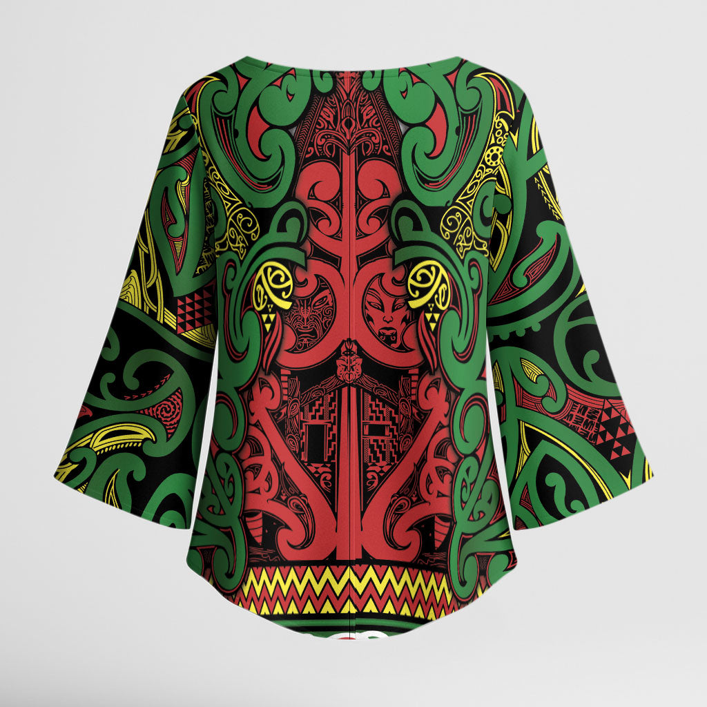 Aotearoa Iwi Ngati Hine Kimono Sleeve Blouse Maori Wharenui House Tribal Pattern LT9 - Polynesian Pride