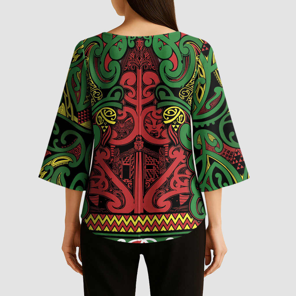 Aotearoa Iwi Ngati Hine Kimono Sleeve Blouse Maori Wharenui House Tribal Pattern LT9 - Polynesian Pride