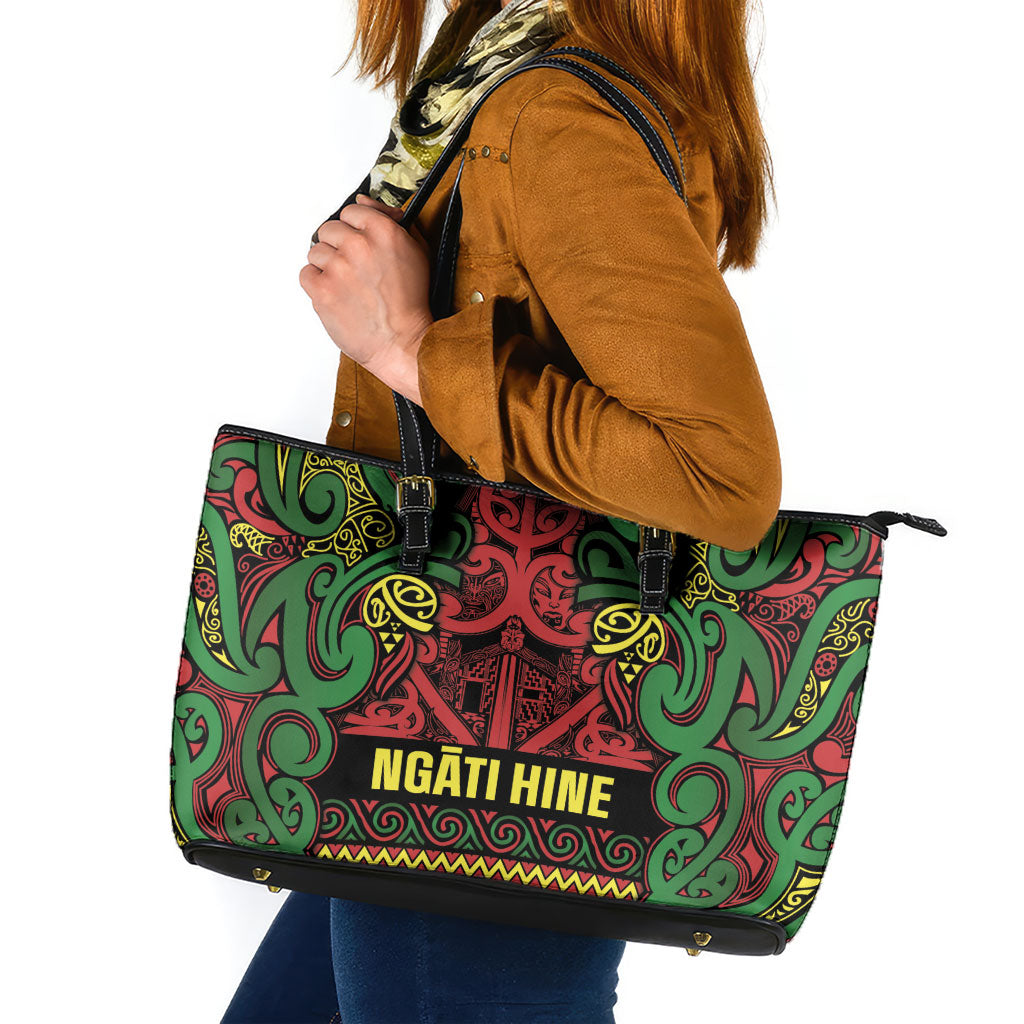 Aotearoa Iwi Ngati Hine Leather Tote Bag Maori Wharenui House Tribal Pattern LT9 Deep Green - Polynesian Pride