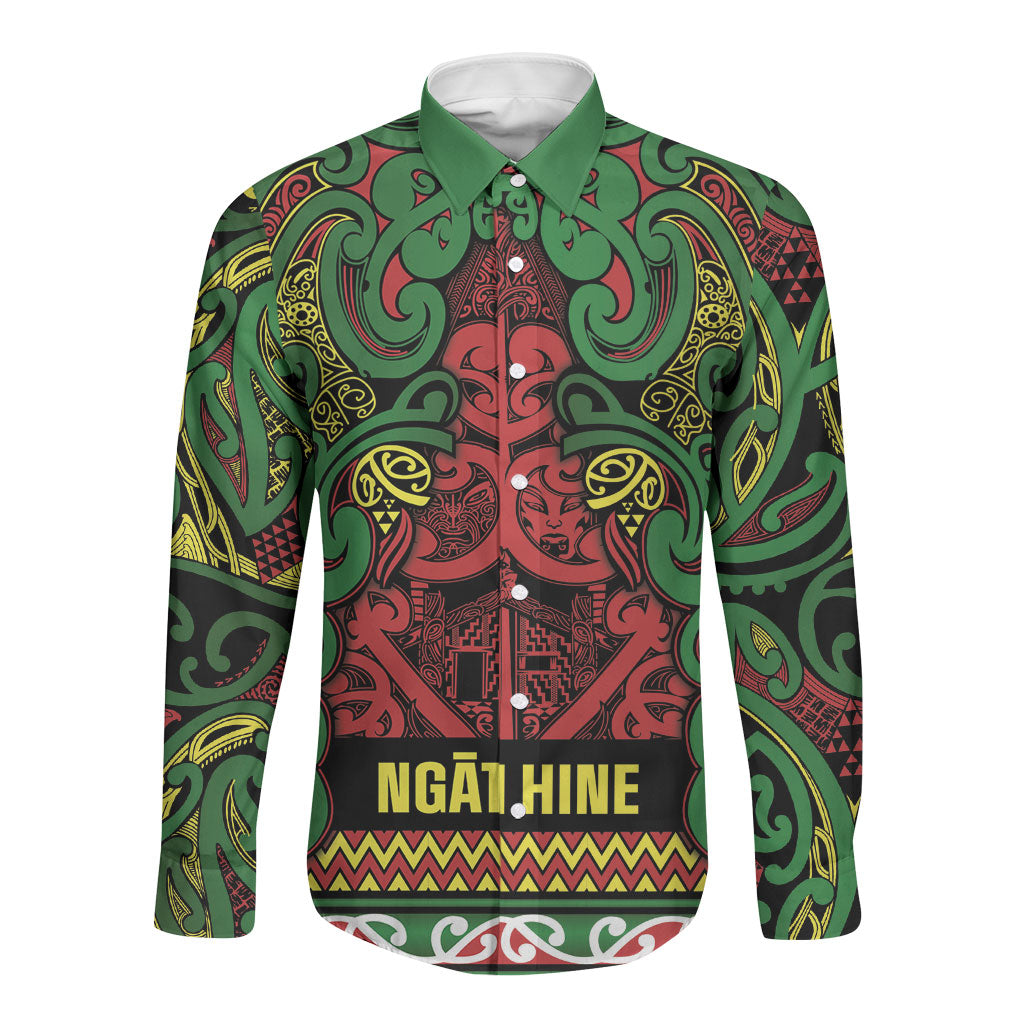 Aotearoa Iwi Ngati Hine Long Sleeve Button Shirt Maori Wharenui House Tribal Pattern