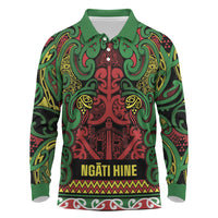 Aotearoa Iwi Ngati Hine Long Sleeve Polo Shirt Maori Wharenui House Tribal Pattern LT9 Deep Green - Polynesian Pride