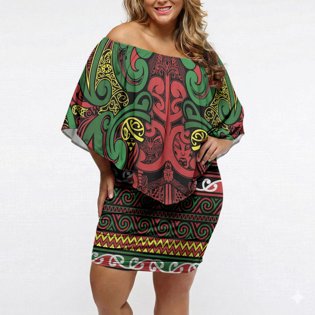 Aotearoa Iwi Ngati Hine Off Shoulder Short Dress Maori Wharenui House Tribal Pattern LT9 Women Deep Green - Polynesian Pride