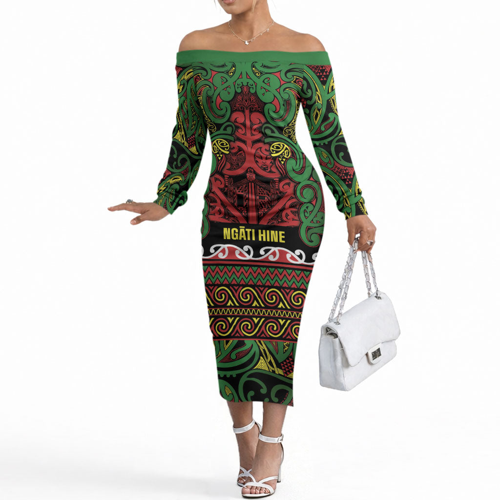 Aotearoa Iwi Ngati Hine Off The Shoulder Long Sleeve Dress Maori Wharenui House Tribal Pattern LT9 Women Deep Green - Polynesian Pride