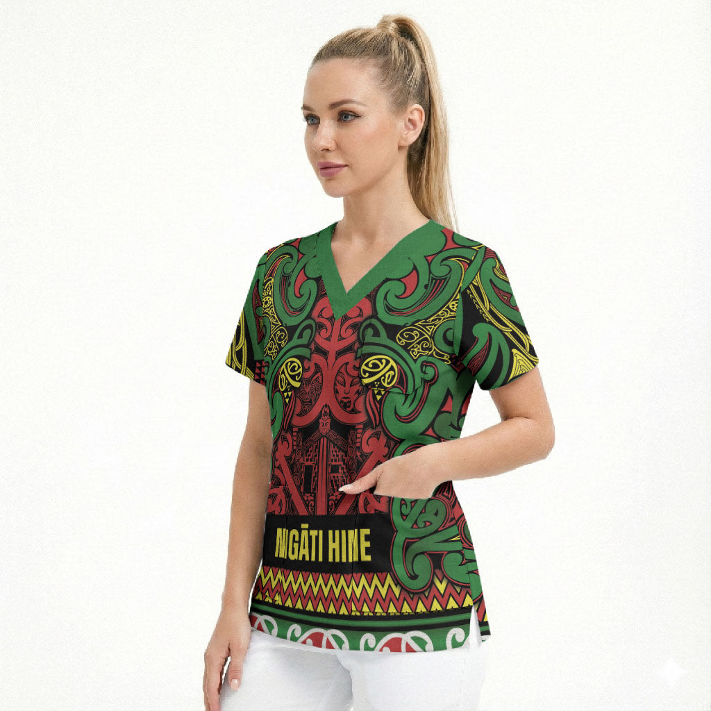 Aotearoa Iwi Ngati Hine Scrub Top Maori Wharenui House Tribal Pattern LT9 - Polynesian Pride
