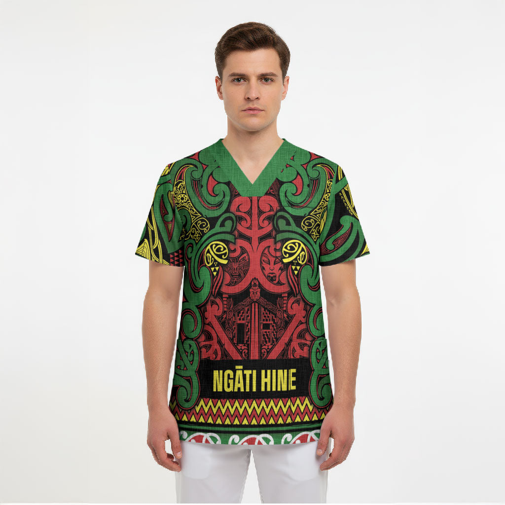 Aotearoa Iwi Ngati Hine Scrub Top Maori Wharenui House Tribal Pattern LT9 - Polynesian Pride