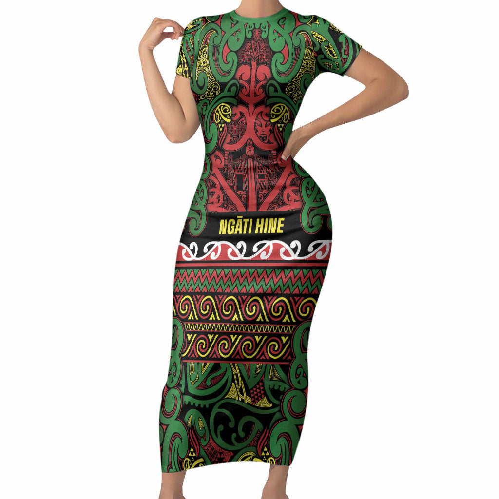 Aotearoa Iwi Ngati Hine Short Sleeve Bodycon Dress Maori Wharenui House Tribal Pattern LT9 Long Dress Deep Green - Polynesian Pride