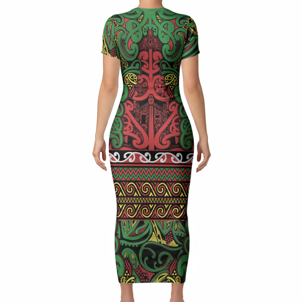 Aotearoa Iwi Ngati Hine Short Sleeve Bodycon Dress Maori Wharenui House Tribal Pattern LT9 - Polynesian Pride