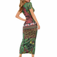 Aotearoa Iwi Ngati Hine Short Sleeve Bodycon Dress Maori Wharenui House Tribal Pattern LT9 - Polynesian Pride