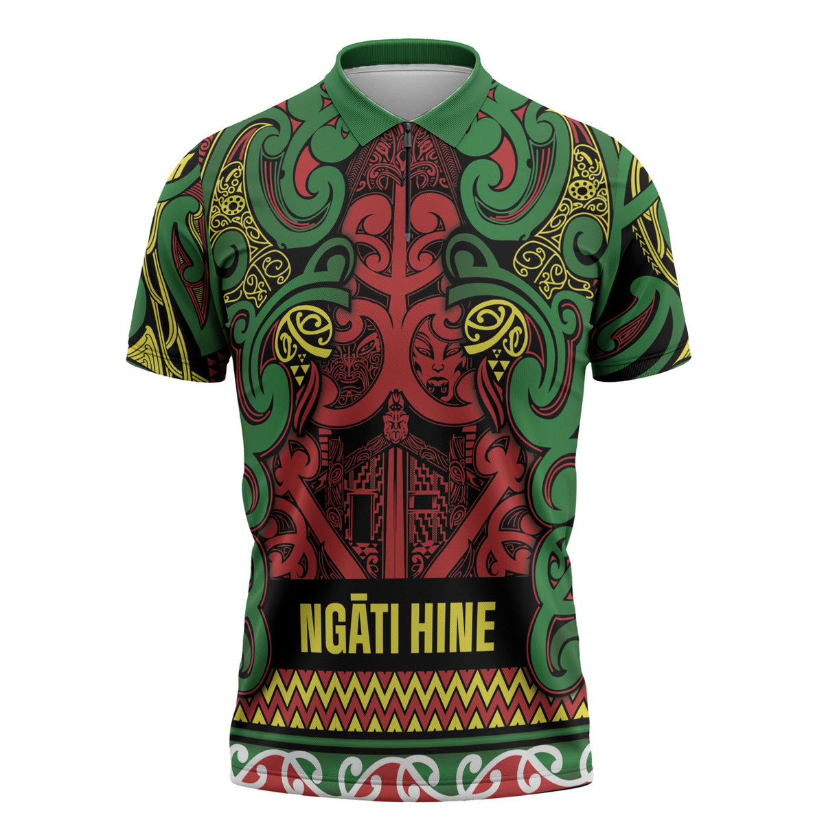 Aotearoa Iwi Ngati Hine Zipper Polo Shirt Maori Wharenui House Tribal Pattern LT9 Deep Green - Polynesian Pride