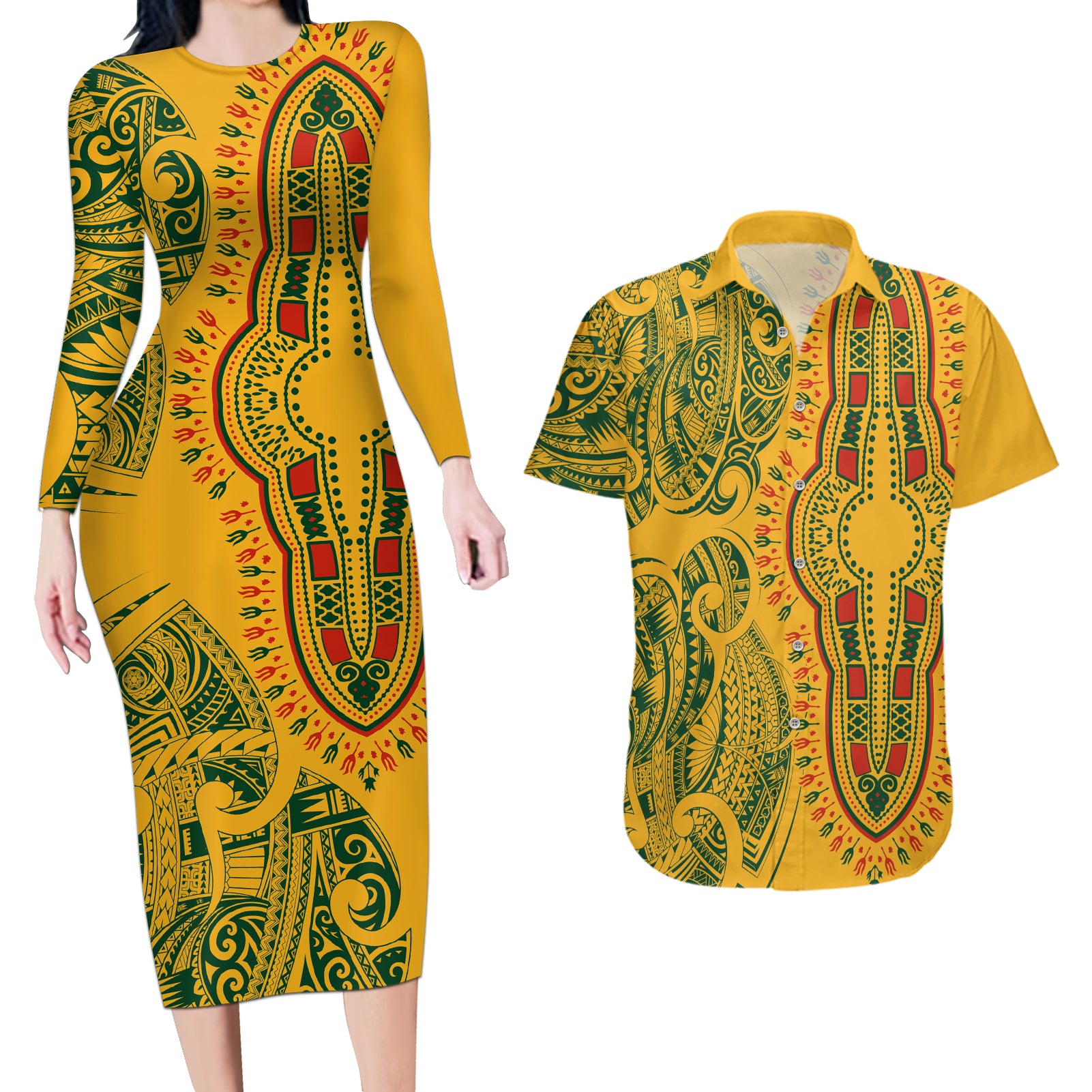 Africa Dashiki Couples Matching Long Sleeve Bodycon Dress and Hawaiian Shirt African Tribal Art Mixed Polynesian Tattoo Gold Color Unique LT9 Gold - Polynesian Pride