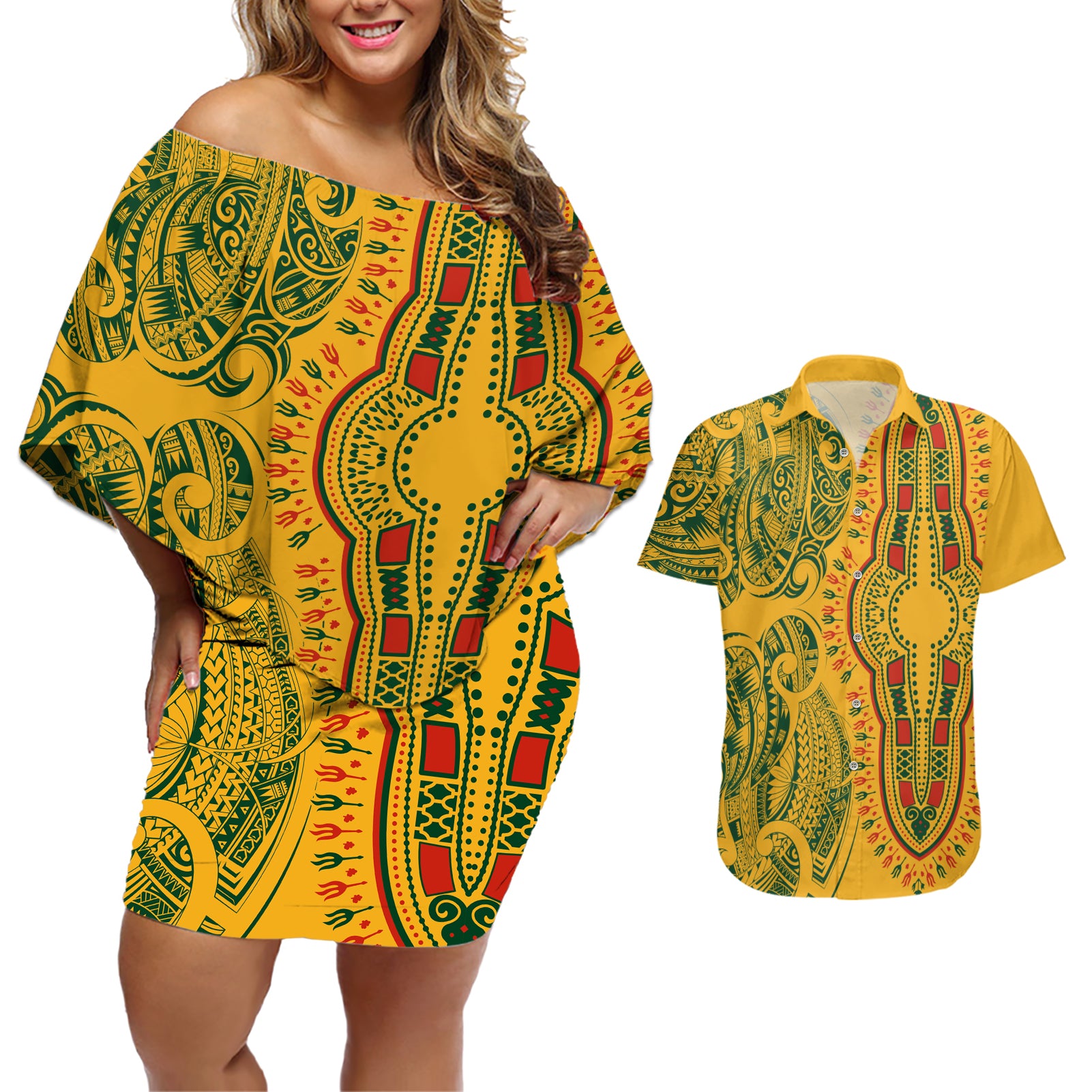 Africa Dashiki Couples Matching Off Shoulder Short Dress and Hawaiian Shirt African Tribal Art Mixed Polynesian Tattoo Gold Color Unique LT9 Gold - Polynesian Pride