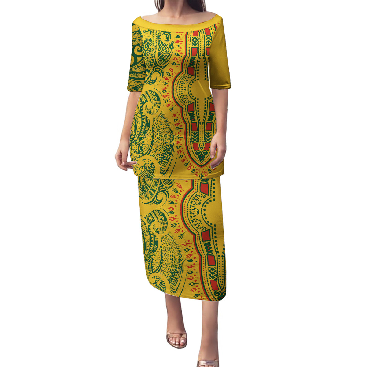 Africa Dashiki Family Matching Puletasi Dress and Hawaiian Shirt African Tribal Art Mixed Polynesian Tattoo Gold Color Unique LT9 Mom's Dress Gold - Polynesian Pride