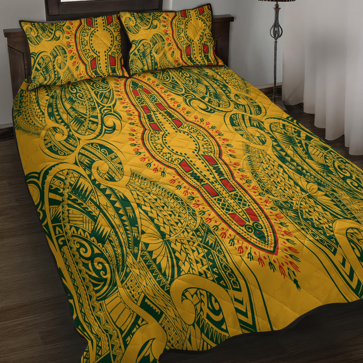 Africa Dashiki Quilt Bed Set African Tribal Art Mixed Polynesian Tattoo Gold Color Unique LT9 - Polynesian Pride