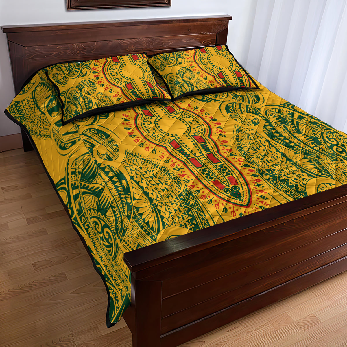 Africa Dashiki Quilt Bed Set African Tribal Art Mixed Polynesian Tattoo Gold Color Unique LT9 - Polynesian Pride