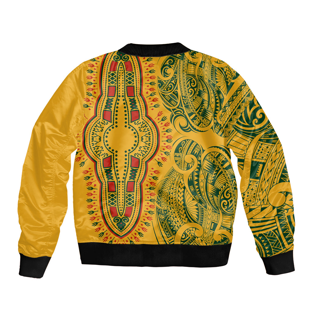 Africa Dashiki Sleeve Zip Bomber Jacket African Tribal Art Mixed Polynesian Tattoo Gold Color Unique LT9 - Polynesian Pride