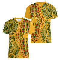 Africa Dashiki Women V Neck T Shirt African Tribal Art Mixed Polynesian Tattoo Gold Color Unique LT9 - Polynesian Pride