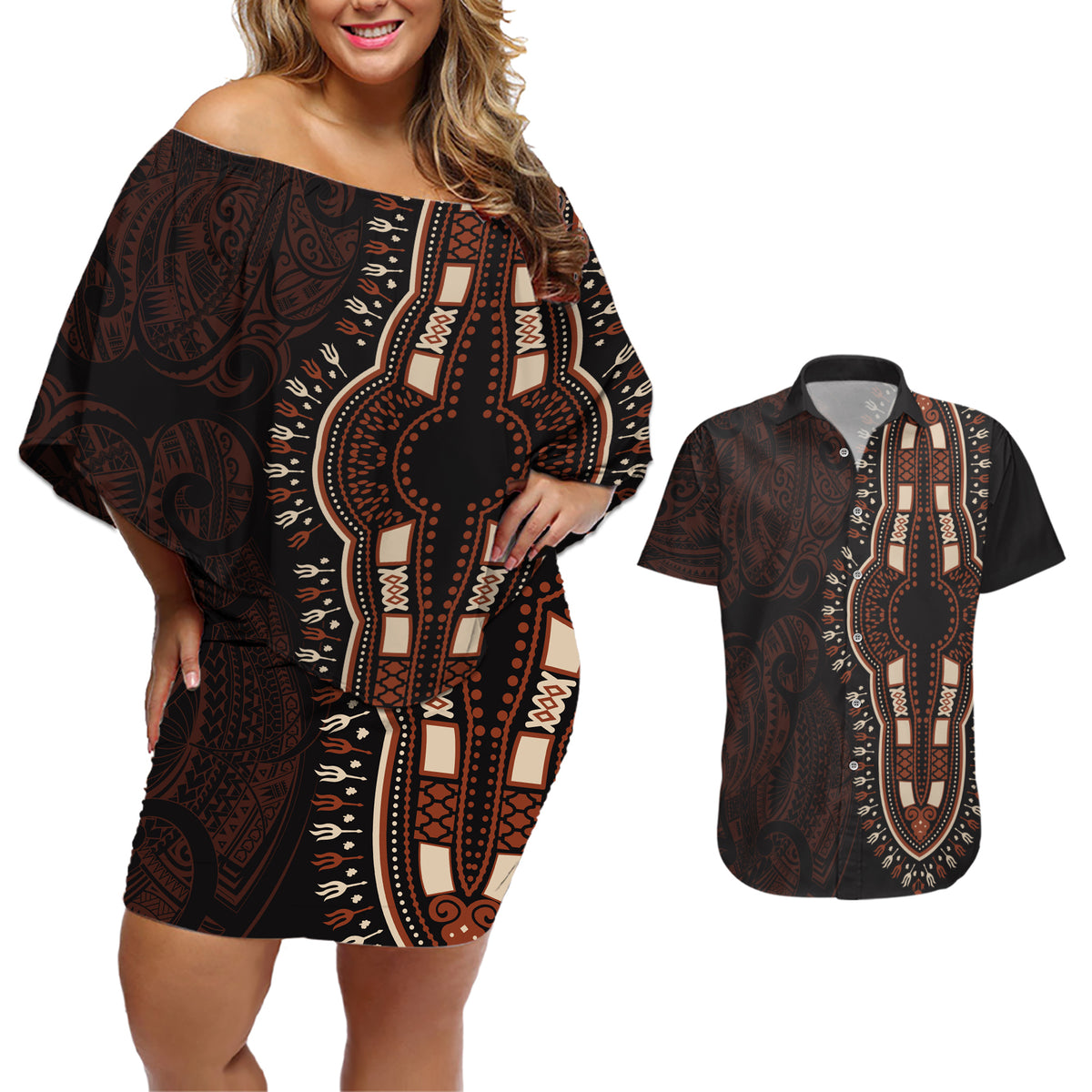 Africa Dashiki Couples Matching Off Shoulder Short Dress and Hawaiian Shirt African Tribal Art Mixed Polynesian Tattoo Red Color Unique LT9 Red - Polynesian Pride