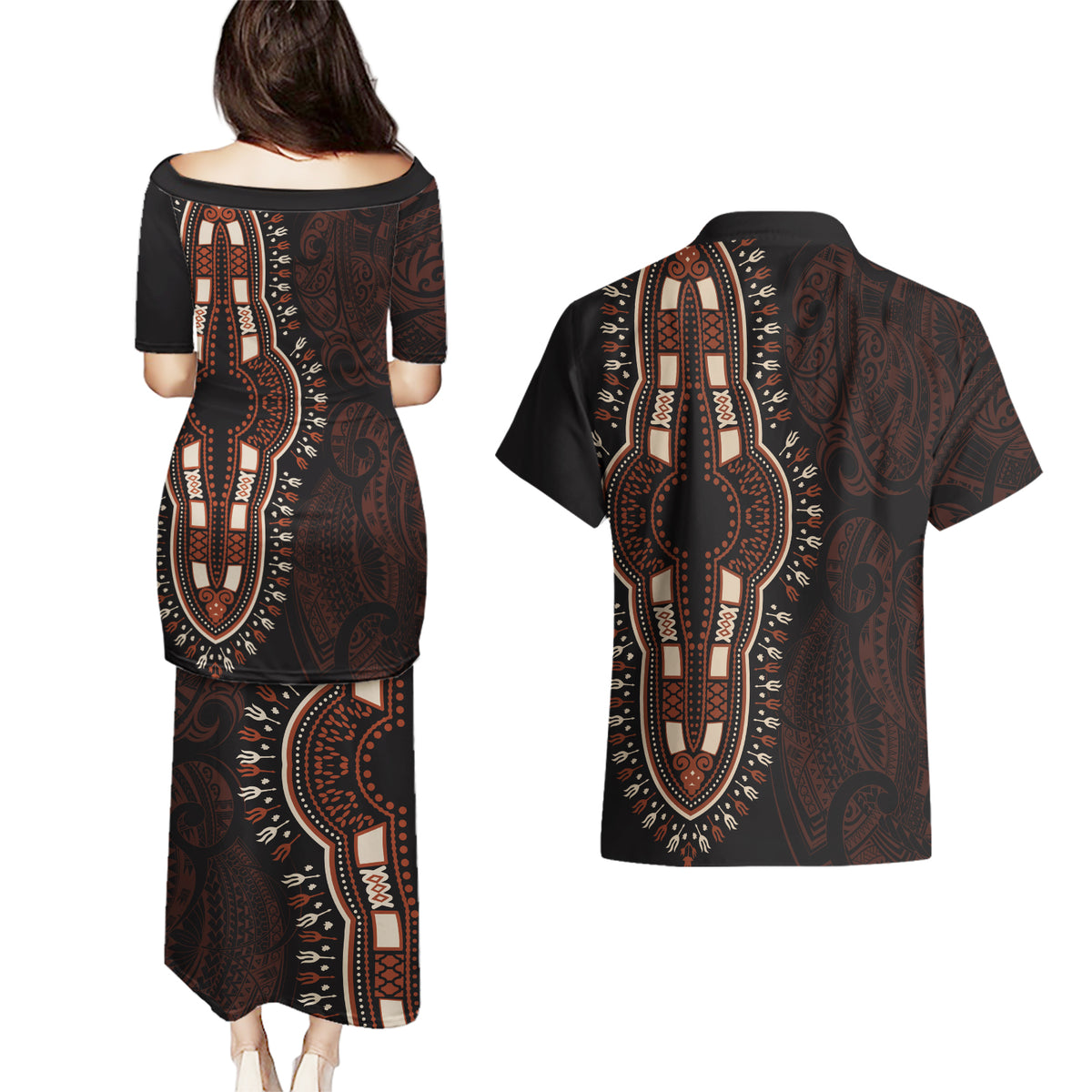 Africa Dashiki Couples Matching Puletasi Dress and Hawaiian Shirt African Tribal Art Mixed Polynesian Tattoo Red Color Unique LT9 - Polynesian Pride