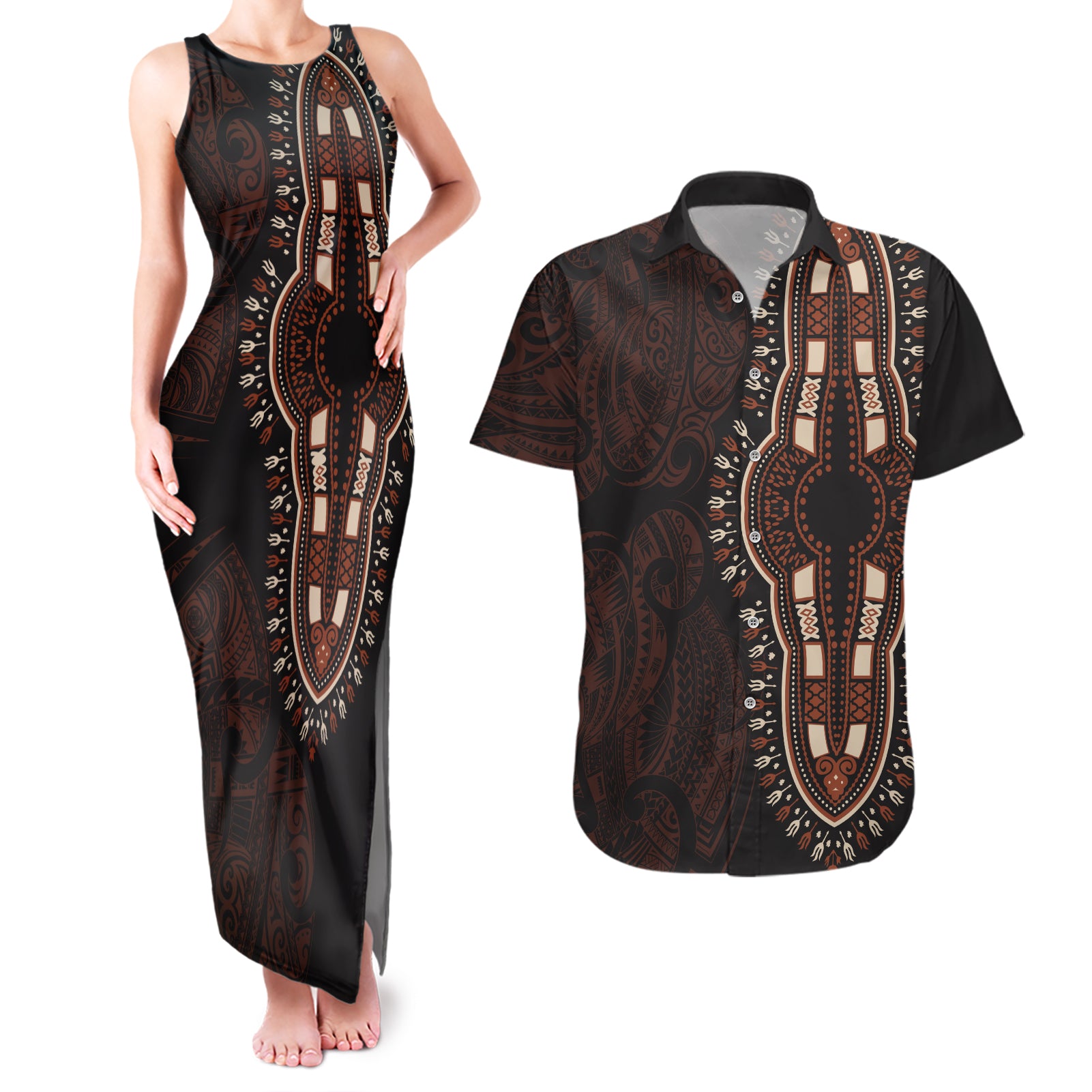 Africa Dashiki Couples Matching Tank Maxi Dress and Hawaiian Shirt African Tribal Art Mixed Polynesian Tattoo Red Color Unique LT9 Red - Polynesian Pride