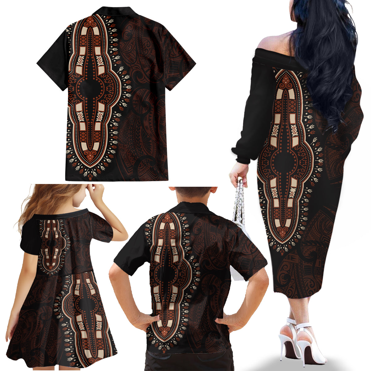 Africa Dashiki Family Matching Off Shoulder Long Sleeve Dress and Hawaiian Shirt African Tribal Art Mixed Polynesian Tattoo Red Color Unique LT9 - Polynesian Pride