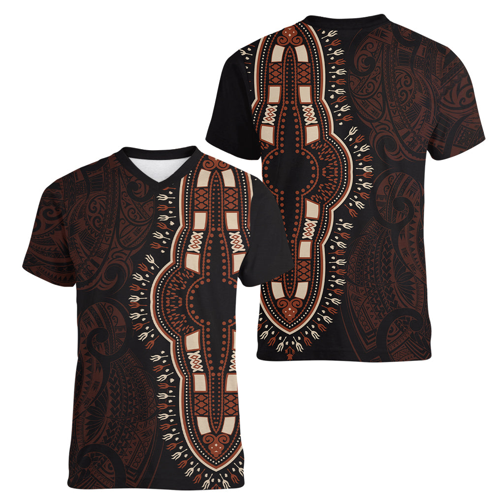 Africa Dashiki Women V Neck T Shirt African Tribal Art Mixed Polynesian Tattoo Red Color Unique LT9 - Polynesian Pride