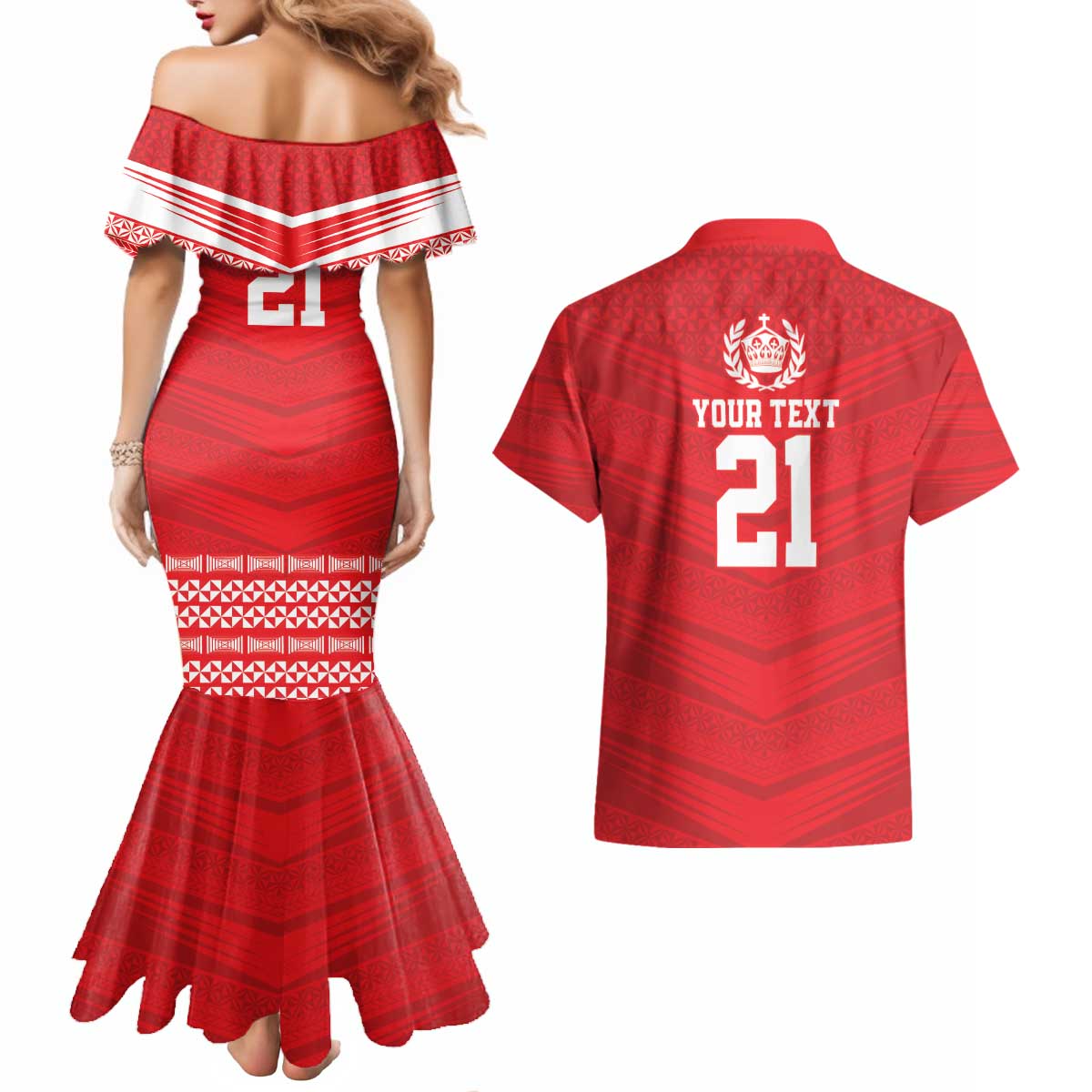 Custom Mate Ma'a Tonga Heritage Couples Matching Mermaid Dress and Hawaiian Shirt Pacific Tribal Rugby Red Edition - Polynesian Pride