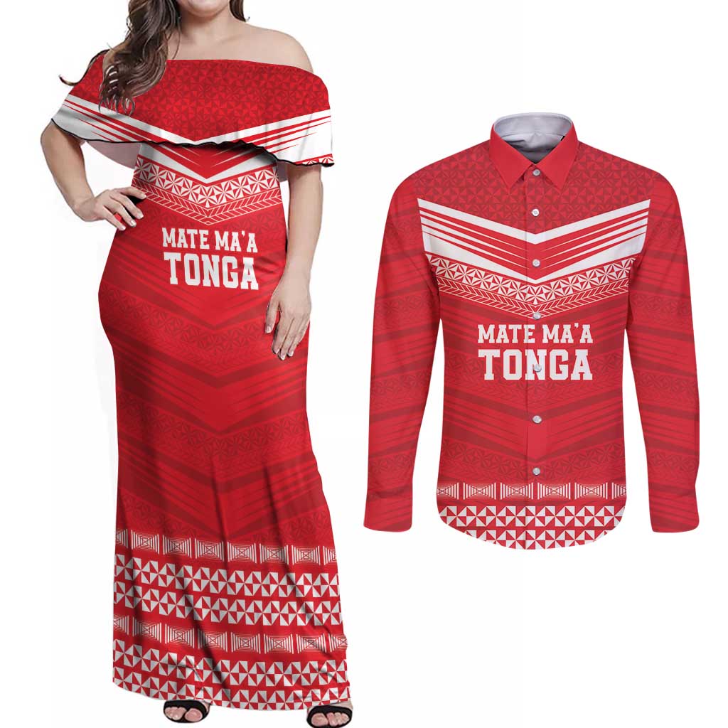 Custom Mate Ma'a Tonga Heritage Couples Matching Off Shoulder Maxi Dress and Long Sleeve Button Shirt Pacific Tribal Rugby Red Edition - Polynesian Pride